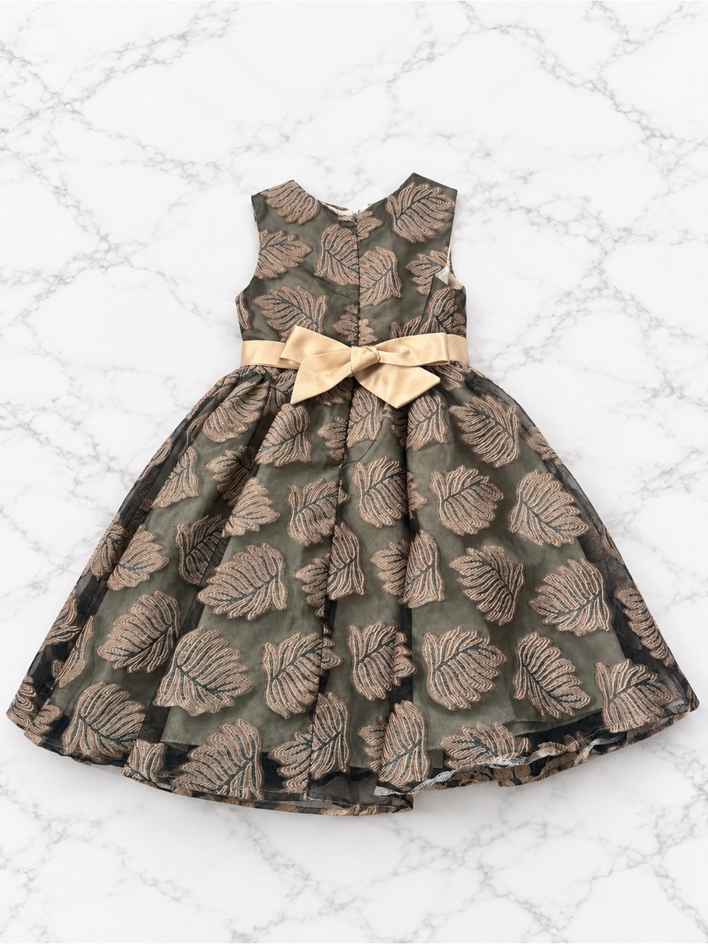 Girls Olive Green Leaf-Print Party Dress with Gold Bow